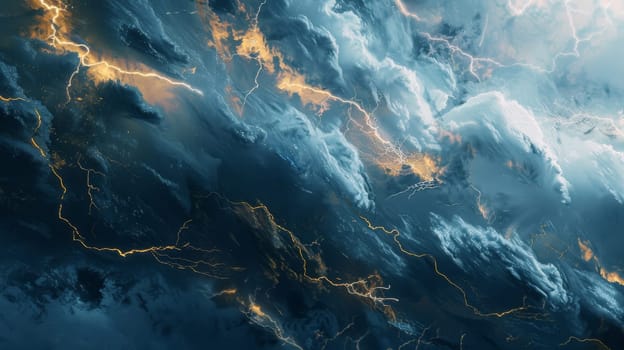 Dramatic storm clouds with lightning strikes, night sky. Nature power and weather concept.