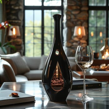A bottle of white wine is being poured into a glass at a dimly lit restaurant table.