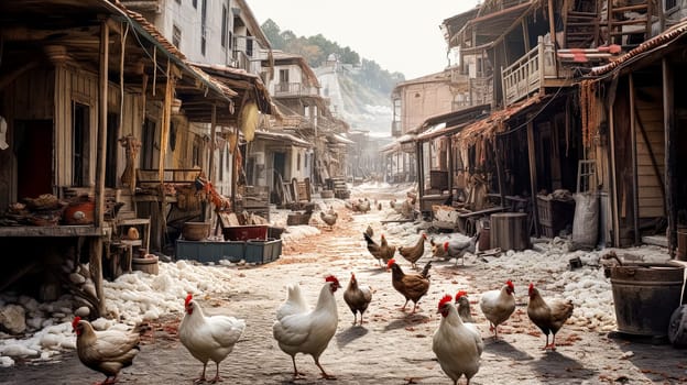 A group of chickens are walking down a street in a village. The chickens are scattered throughout the scene, with some closer to the foreground and others further back