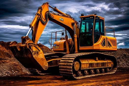 A large yellow construction vehicle is parked in a muddy field. The vehicle is dirty and has a lot of mud on it