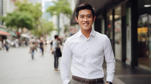 Confident happy smiling Asian businessman standing in the city, young man entrepreneur in white shirt, looking at camera