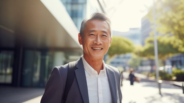 Confident happy smiling mature Asian businessman standing in the city, man wearing gray business suit, looking at camera