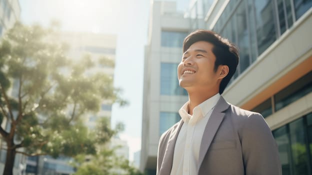 Confident happy smiling Asian businessman standing in the city, young man entrepreneur in business suit, looking away