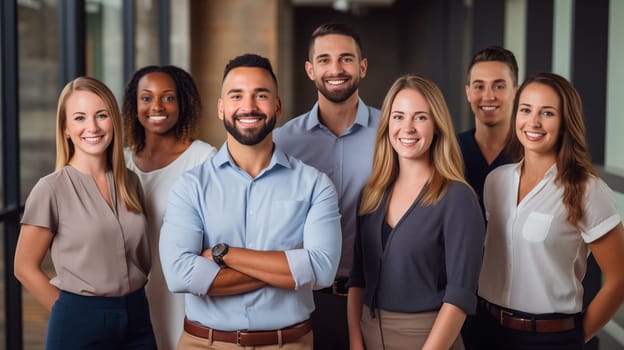 Portrait of group happy business people standing together in the office, business colleagues indoors looking at camera