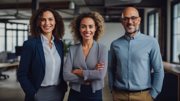 Portrait of group happy business people standing together in the office, business colleagues indoors looking at camera