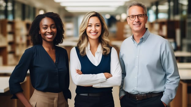 Portrait of happy modern diverse multiethnic business people, creative team standing together in the office, colleagues in casual posing looking at camera