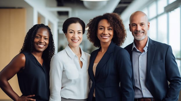 Portrait of happy modern diverse multiethnic business people, creative team standing together in the office, colleagues in casual posing looking at camera