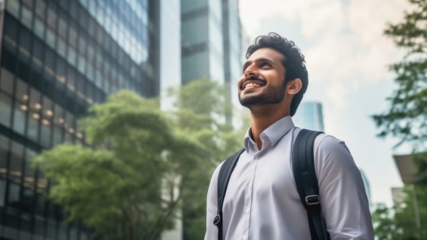 Confident happy smiling man entrepreneur standing in the city, businessman wearing casual and backpack looking away