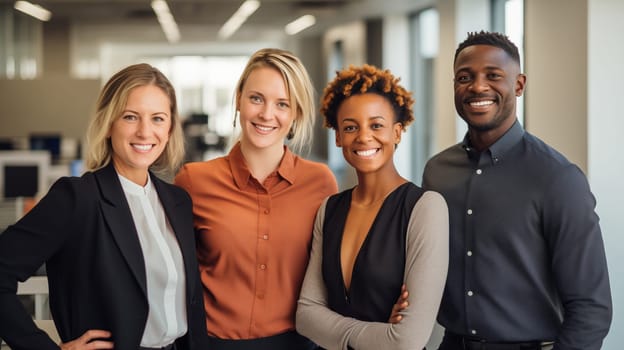 Portrait of happy modern diverse multiethnic business people, creative team standing together in the office, colleagues in casual posing looking at camera