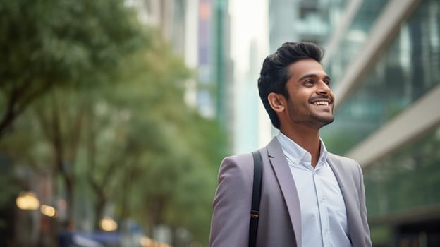 Confident happy smiling Indian man entrepreneur standing in the city, businessman wearing business suit and looking away