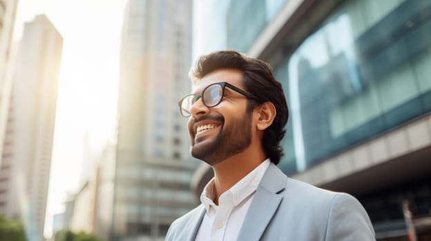 Confident happy smiling man entrepreneur standing in the city, wearing business suit and looking away