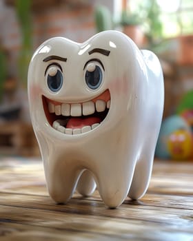3D, cartoon emotional tooth on the table. Selective focus