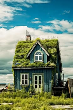 A small blue house with a green roof. The roof is covered in plants and the house looks like it's in a garden