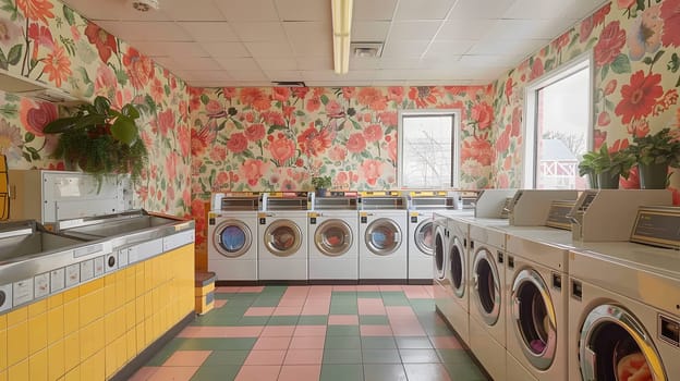 A modern laundromat boasting a plethora of washers and dryers as the main fixtures. The interior design features a circle layout with wood flooring and composite material building materials