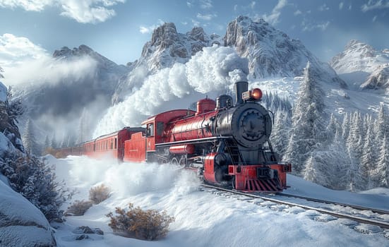 The locomotive rushes along snow-covered rails. Selective focus