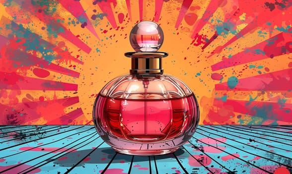 Illustration elegant perfume bottle in vintage pop art style. Selective focus.