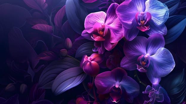 A close up of vibrant purple orchids with intricate petals on a dark background, showcasing the beauty of this flowering plant in shades of magenta and electric blue