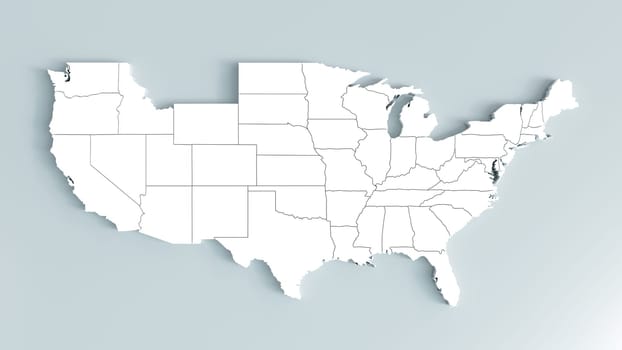 A 3D rendered map of the United States with state borders outlined.