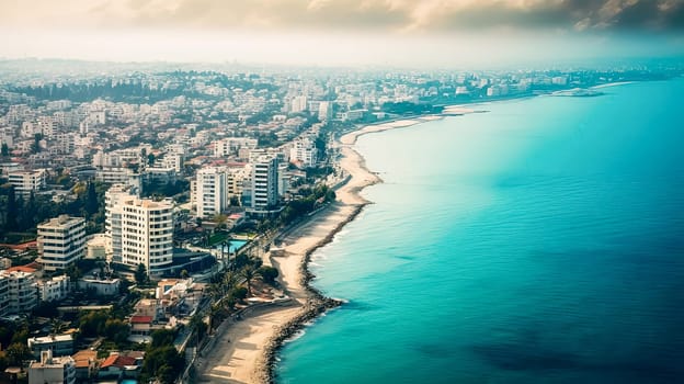 A city with a large body of water in the background. The sun is shining brightly, creating a warm and inviting atmosphere. The city is bustling with activity, with boats