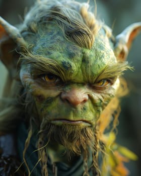 3D, cartoon goblin in the forest, close-up. Selective focus