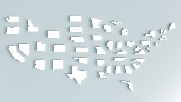 This image shows a 3D rendering of all U.S. states in an exploded view, with each state floating separately.