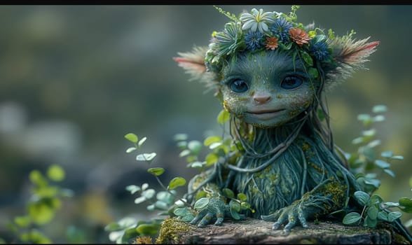 Illustration, cartoon, for children forest spirit in the forest. Selective focus.