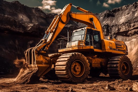 A large yellow construction vehicle is parked in a muddy field. The vehicle is dirty and has a lot of mud on it