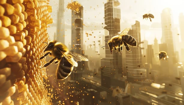 Closeup of bees flying around honeycomb in futuristic city, Concept of urban beekeeping by AI generated image.