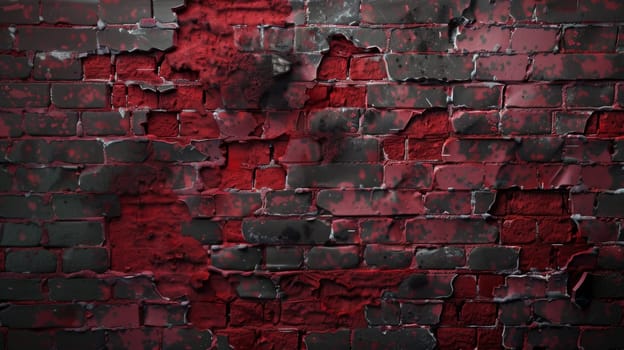 Old brick wall with red and black peeling paint.