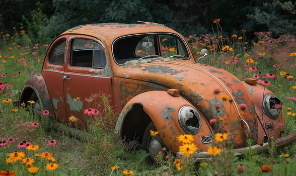 An old red car in a field surrounded by flowers. Selective focus