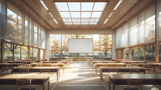 Spacious classroom in a building with tables and chairs arranged symmetrically, a projector screen, wooden flooring, and large windows