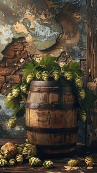 Vintage wooden barrel with hops against rustic wall, brewing concept.