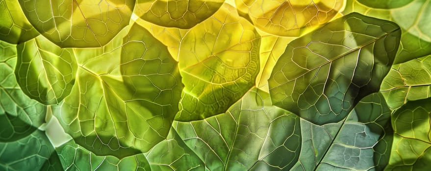 Close-up of overlapping green and yellow leaves with intricate veins. Nature pattern background.
