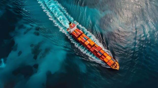 An aerial perspective of a massive watercraft navigating through the electric blue liquid, resembling a giant insect swimming underwater