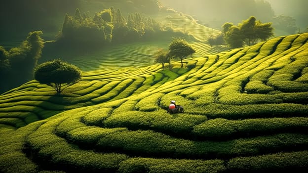 A man is working in a tea field at the foot of a mountain, showcasing traditional tea cultivation in a scenic landscape.