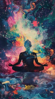 Silhouette of a person meditating with colorful cosmic background, spiritual awakening concept.