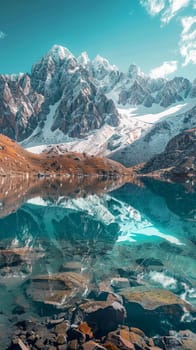 Snow-capped mountain range reflecting in a turquoise lake, serene landscape. Nature photography concept.