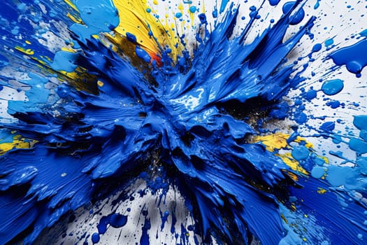 A splash of blue paint on a white background. The blue paint is splattered and has a lot of texture. Scene is energetic and dynamic