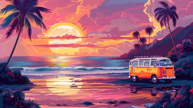 A yellow van is parked on the beach under a red sky at sunset, with the afterglow reflecting on the water. The sky is filled with orange and pink hues, creating a beautiful dusk scene