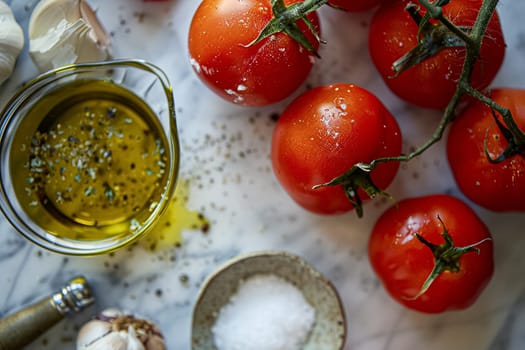 Pasta recipe preparation ingredients, spaghetti, olive oil, garlic, tomatoes and spices in the kitchen, homemade food recipe idea