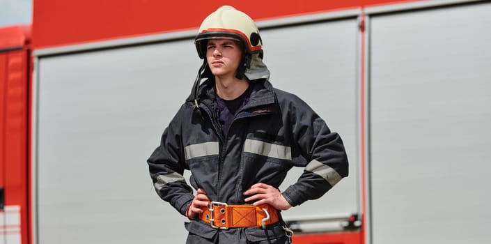 A professional firefighter dons his protective gear, preparing to respond to an emergency call.