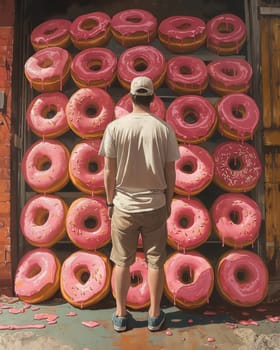 A man standing in front of a donut stand. Selective focus.