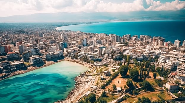 A city with a large body of water in the background. The sun is shining brightly, creating a warm and inviting atmosphere. The city is bustling with activity, with boats