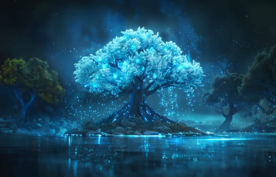 A glowing blue tree with white flowers floats above the water, surrounded by trees and the aurora borealis in purple light 4k