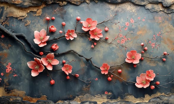 Branch with pink flowers on a texture background. Selective focus.