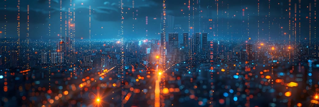 Electric blue lights illuminate the cityscape on a rainy night, with water droplets trickling down a window, creating a blurry and mesmerizing landscape