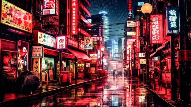 A city street with neon signs and people walking in the rain. Scene is somewhat melancholic, as the rain seems to dampen the atmosphere