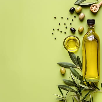 Olive oil bottle ad background with copyspace, vegetable oil commercial produce, food industry and retail concept