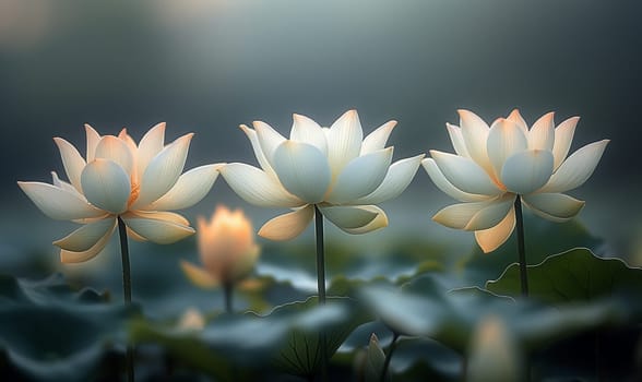 Serene Lotus Bloom on Tranquil Pond at Dawn. Selective focus.