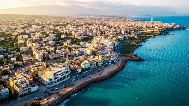 A city with a large body of water in the background. The sun is shining brightly, creating a warm and inviting atmosphere. The city is bustling with activity, with boats